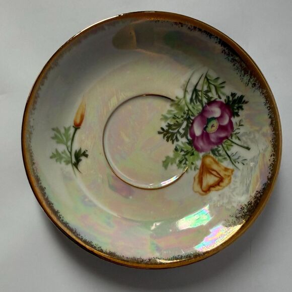 VTG Sterling China Japan Birth Month-August Poppy Iridescent Teacup & Saucer - Picture 6 of 10